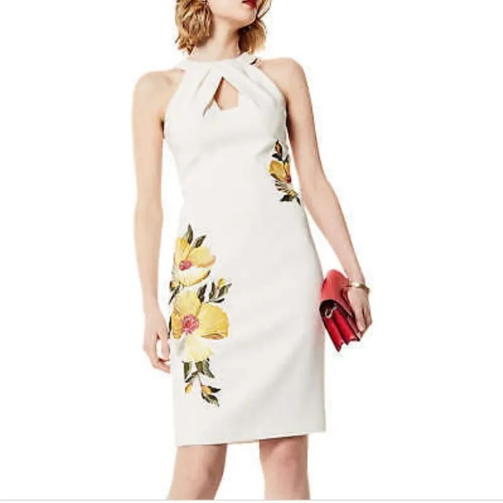 KAREN MILLEN FLORAL EMBROIDERY EMBELLISHMENTS CHIFFON KNEE LENGTH PENCIL DRESS